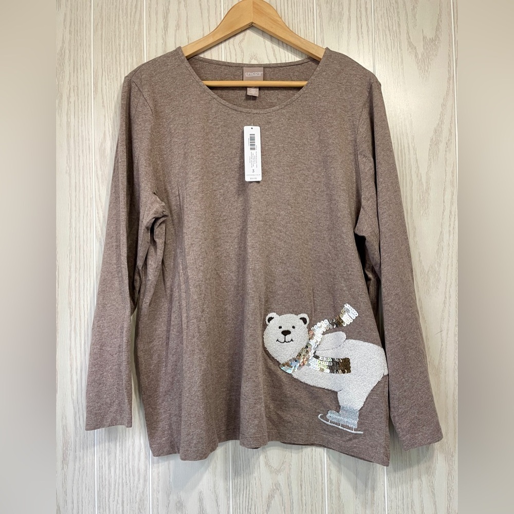 Chicos POLAR BEAR SCOOP NECK  Long Sleeve KNIT HEARTHSTONE TAUPE Size 3 NWT